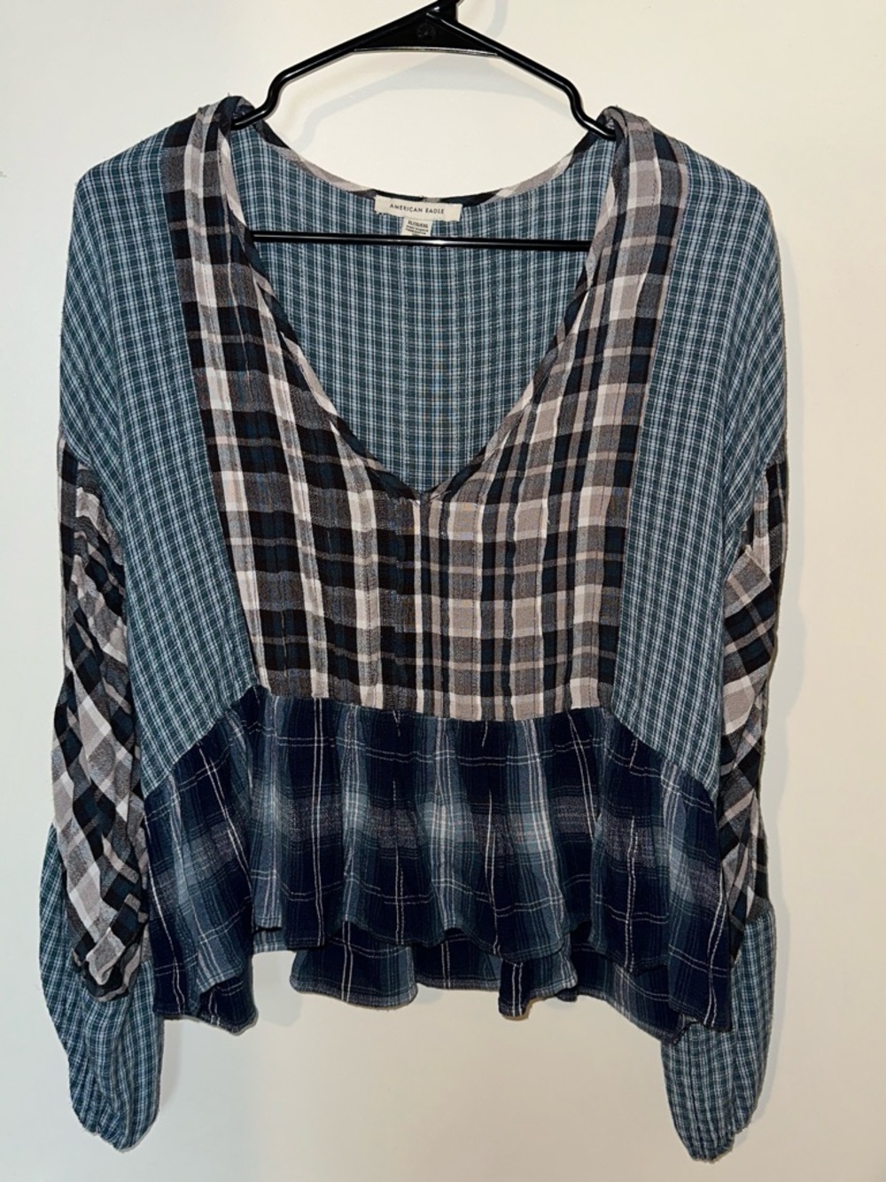 American Eagle Outfitters Plaid Patchwork Babydoll Blouse